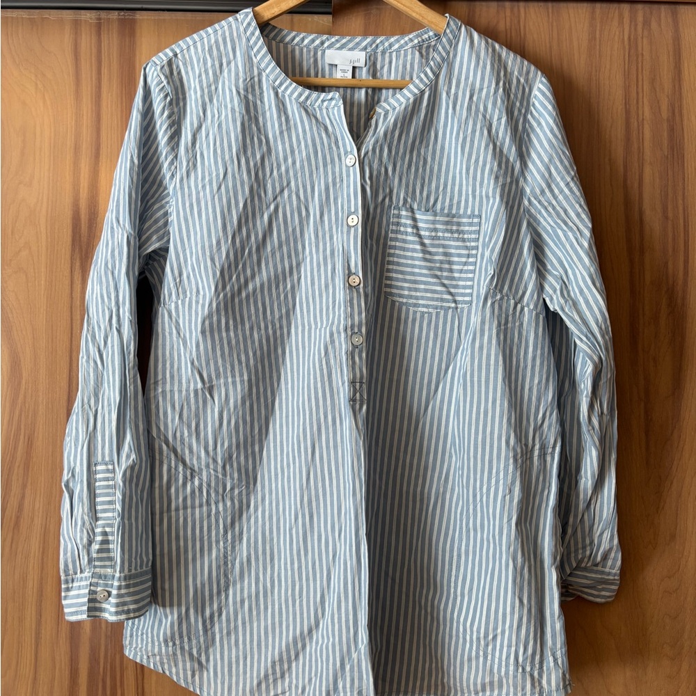 Blue Striped Button-Up Shirt, J Jill oversize boyfriend shirt, Casual Spring top